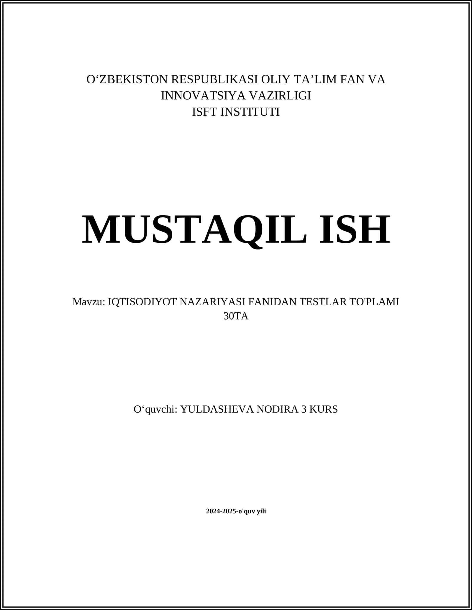 IQTISODIYOT NAZARIYASI FANIDAN TESTLAR TO'PLAMI 1