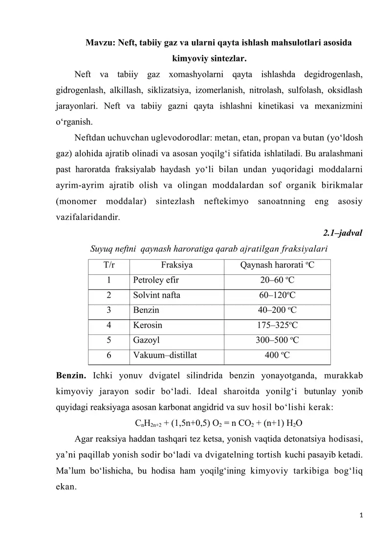Neft, tabiiy gaz va ularni qayta ishlash mahsulotlari asosida kimyoviy sintezlar 1