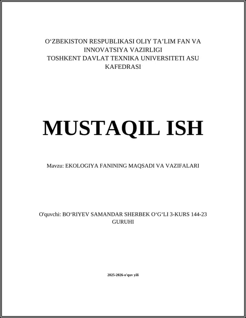 EKOLOGIYA FANINING MAQSADI VA VAZIFALARI 1