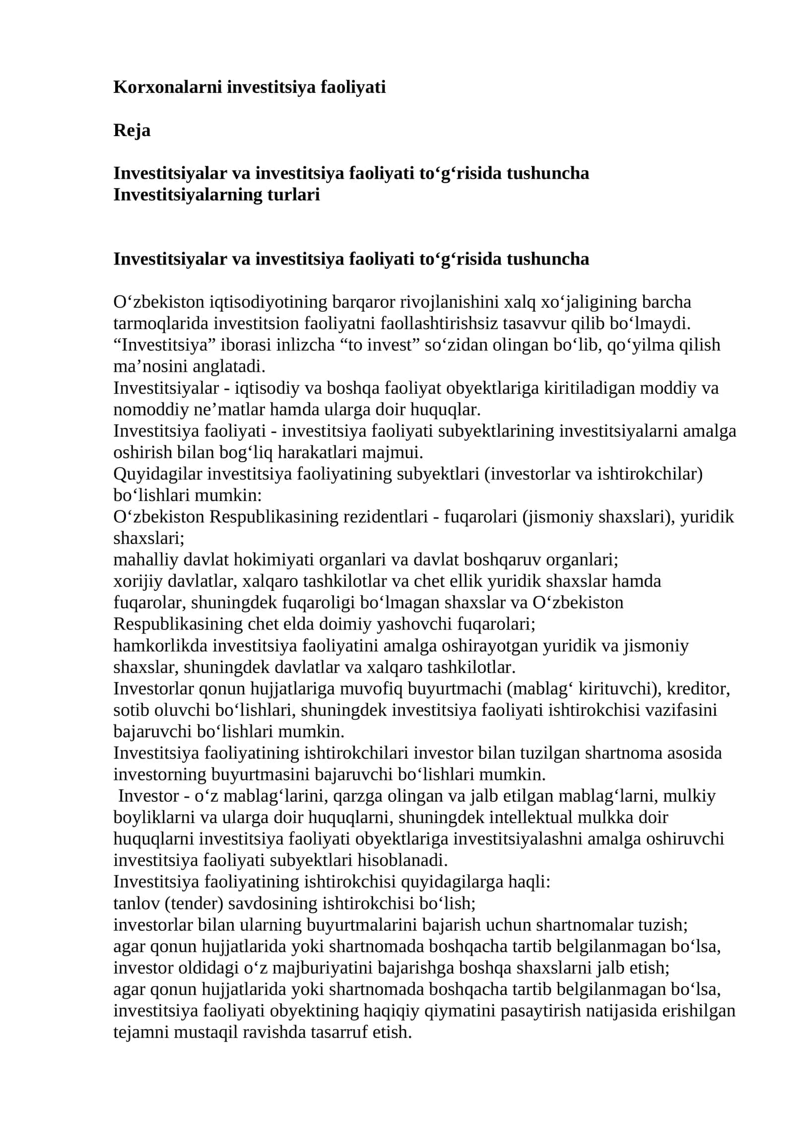 Korxonalarni investitsiya faoliyati 1