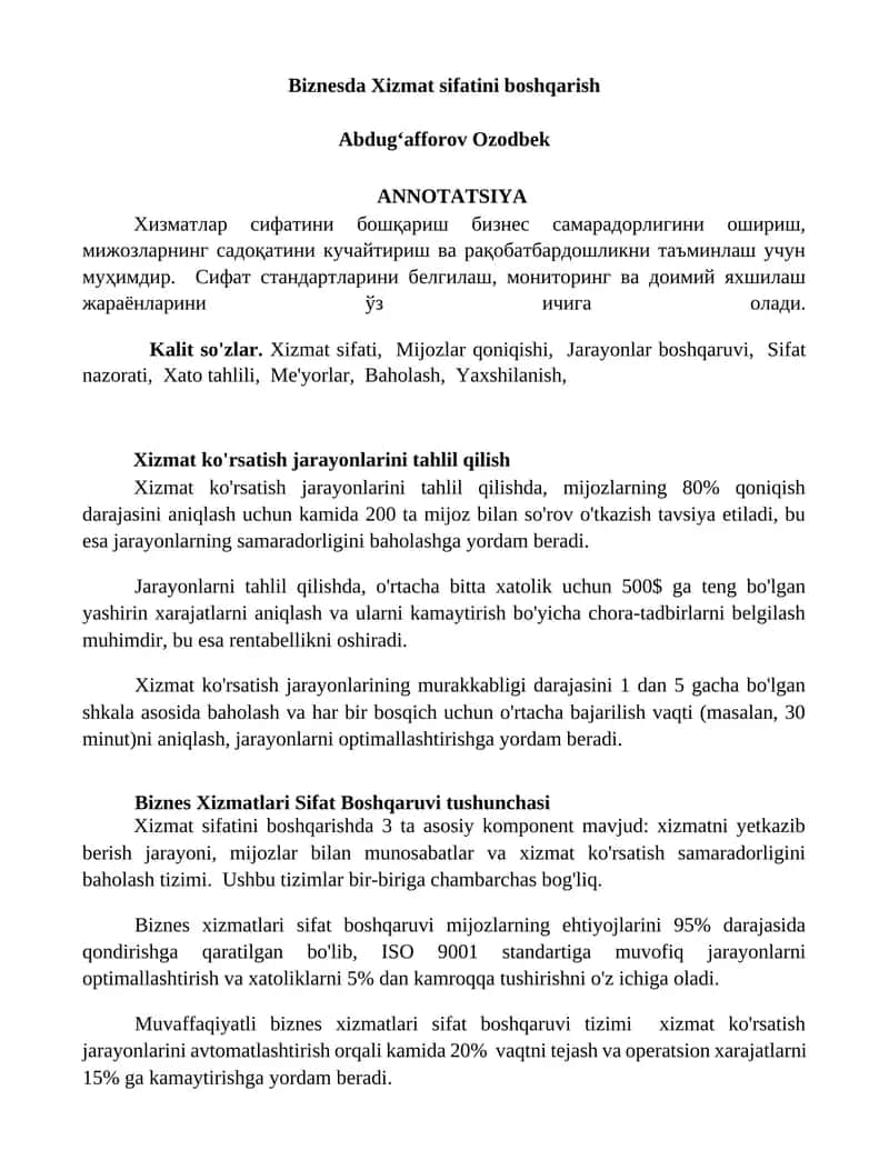 Biznesda Xizmat sifatini boshqarish 1