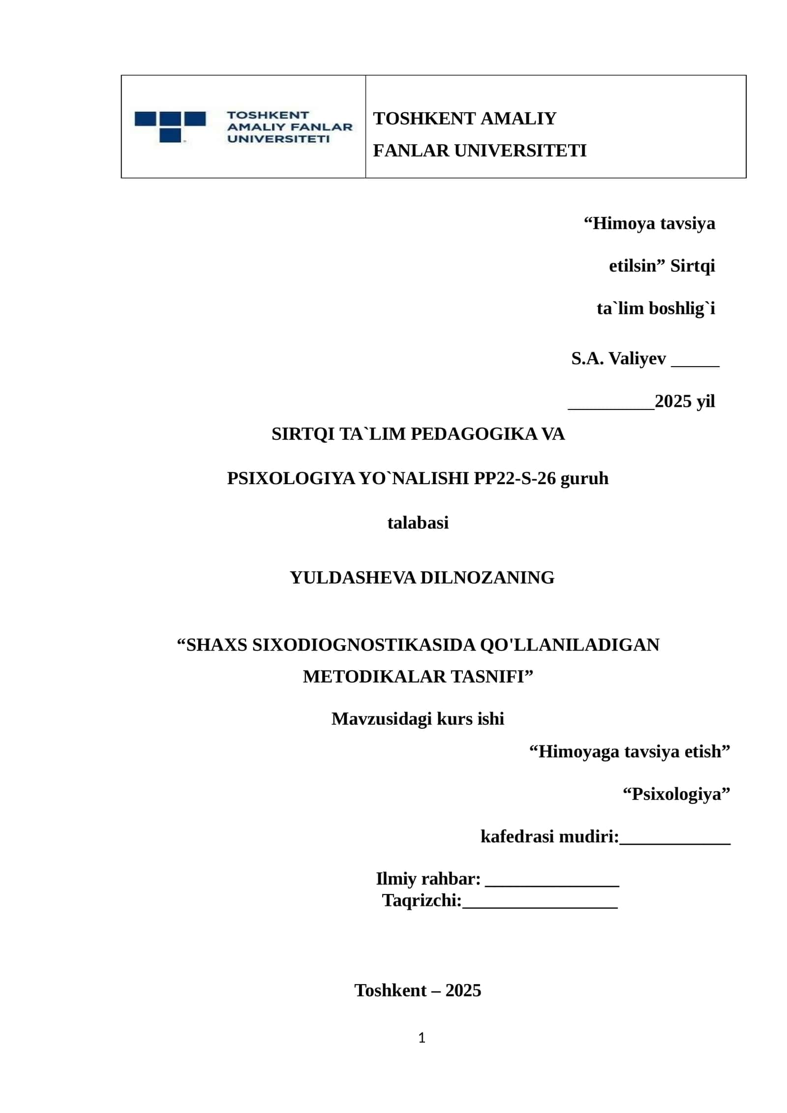 "SHAXS PSIXODIAGNOSTIKASIDA QO'LLANILADIGAN METODIKALAR TASNIFI" 1