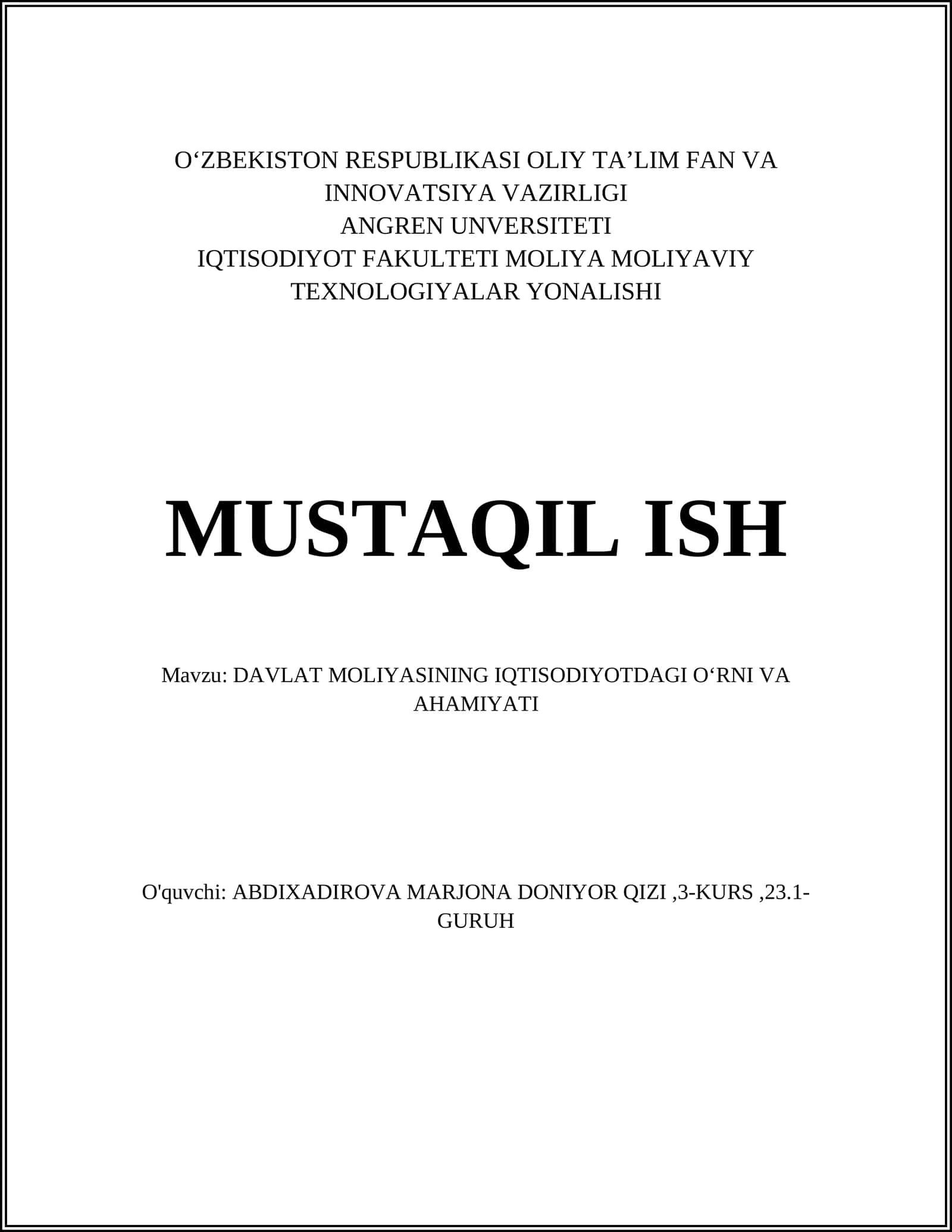 DAVLAT MOLIYASINING IQTISODIYOTDAGI O‘RNI VA AHAMIYATI 1