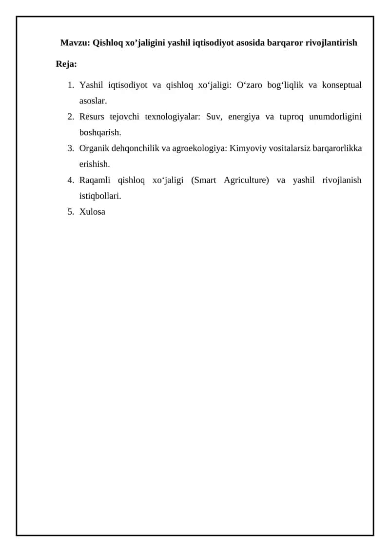 Qishloq xo’jaligini yashil iqtisodiyot asosida barqaror rivojlantirish 1