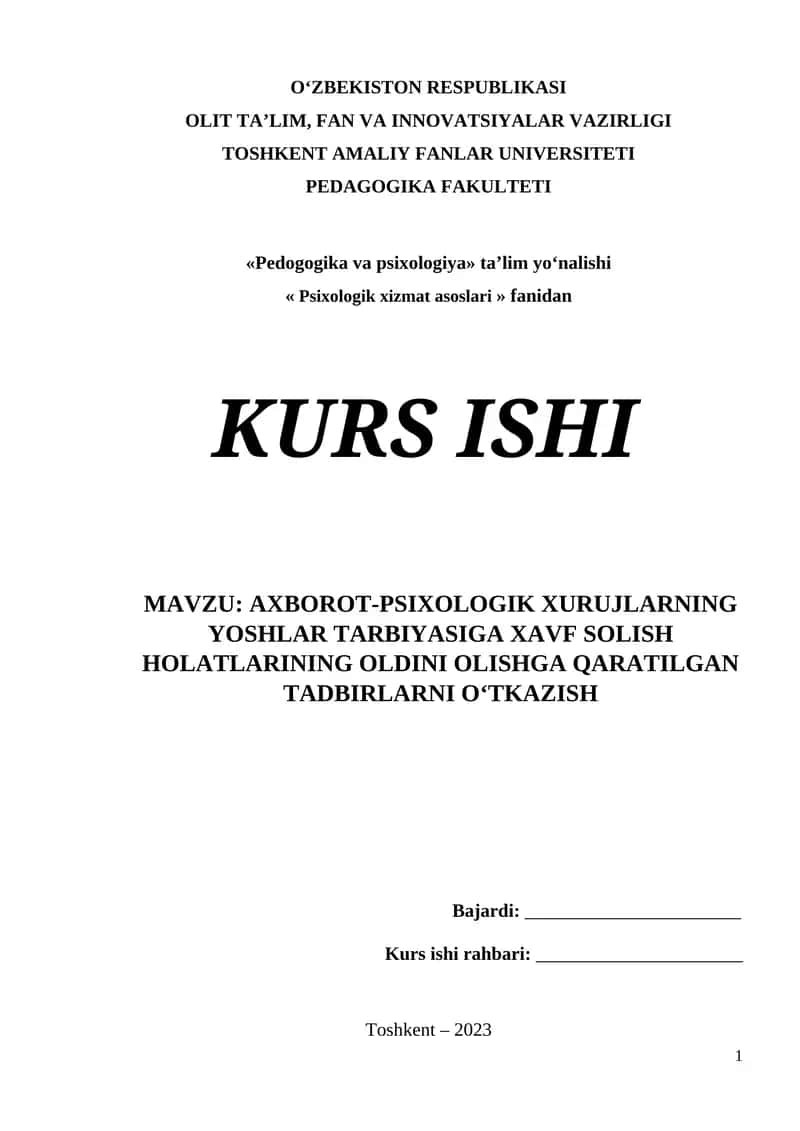AXBOROT-PSIXOLOGIK XURUJLARNING YOSHLAR TARBIYASIGA XAVF SOLISH HOLATLARINING OLDINI OLISHGA QARATILGAN TADBIRLARNI O‘TKAZISH 1