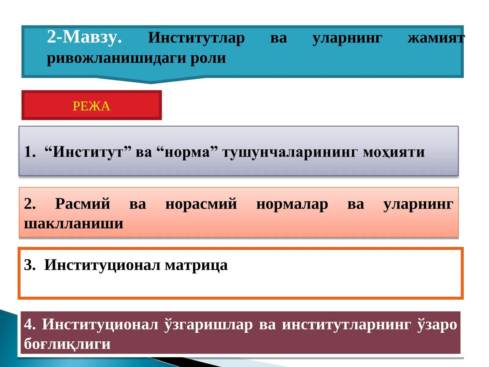 Институтлар ва уларнинг жамият ривожланишидаги роли 1