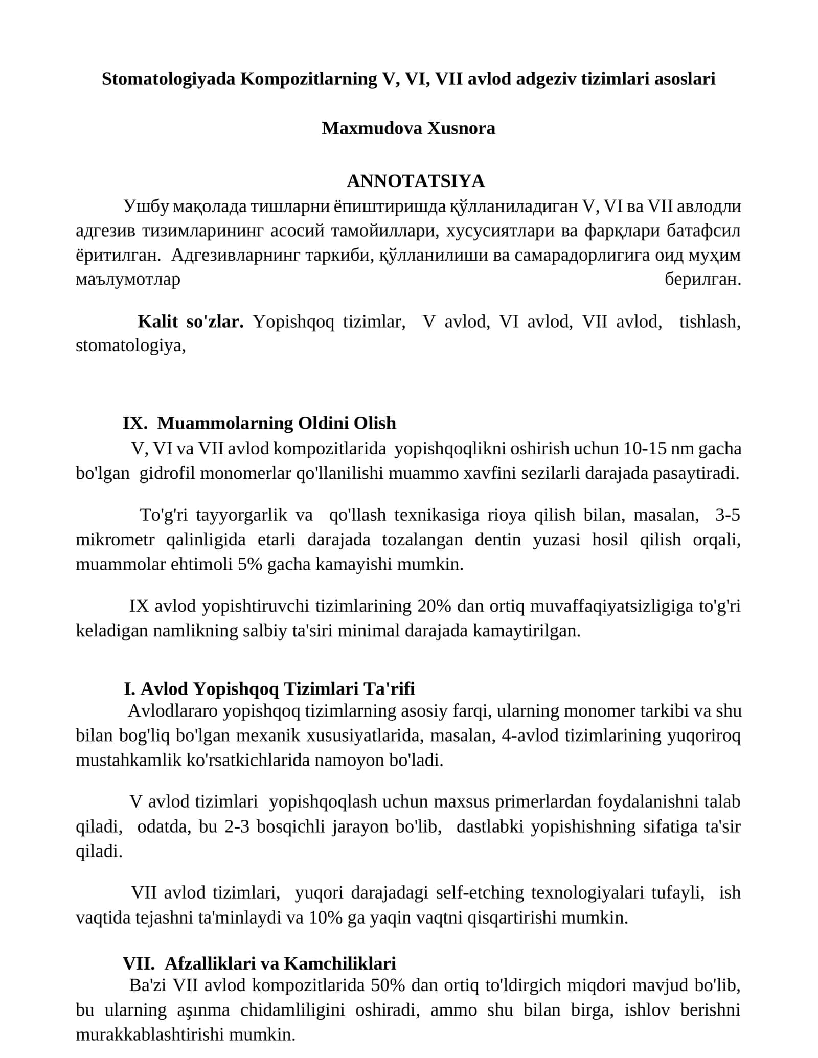 Stomatologiyada Kompozitlarning V, VI, VII avlod adgeziv tizimlari asoslari 1