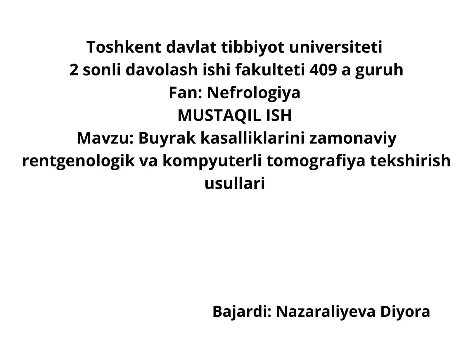 Buyrak kasalliklarini zamonaviy rentgenologik va kompyuterli tomografiya tekshirish usullari 1