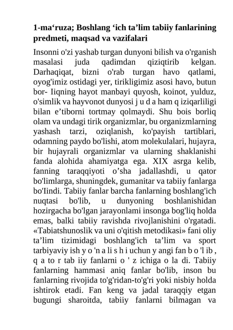 Boshlang ‘ich ta’lim tabiiy fanlarining predmeti, maqsad va vazifalari 1