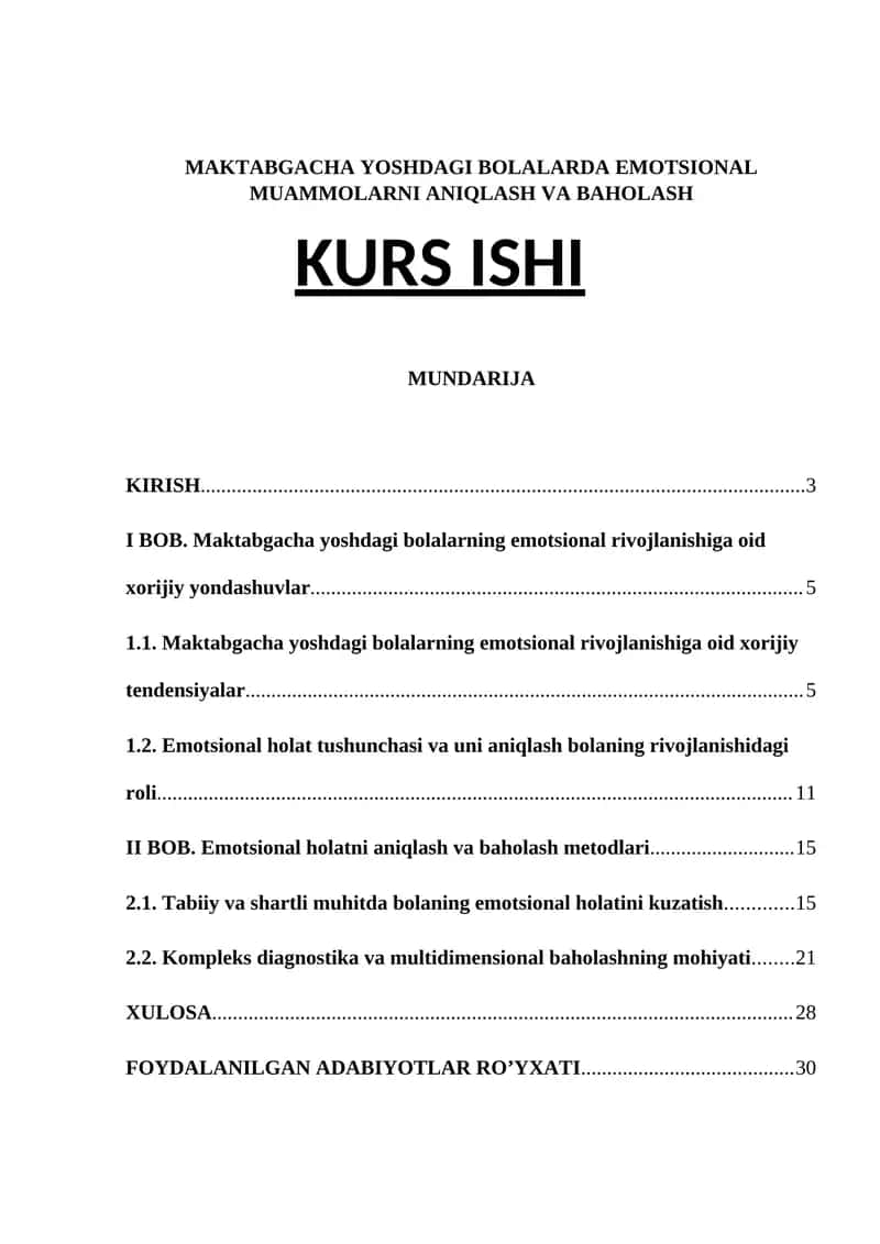 MAKTABGACHA YOSHDAGI BOLALARDA EMOTSIONAL MUAMMOLARNI ANIQLASH VA BAHOLASH KURS ISHI 1