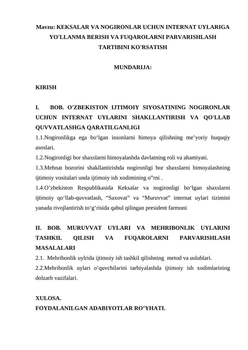 KEKSALAR VA NOGIRONLAR UCHUN INTERNAT UYLARIGA YO'LLANMA BERISH VA FUQAROLARNI PARVARISHLASH TARTIBINI KO'RSATISH 1