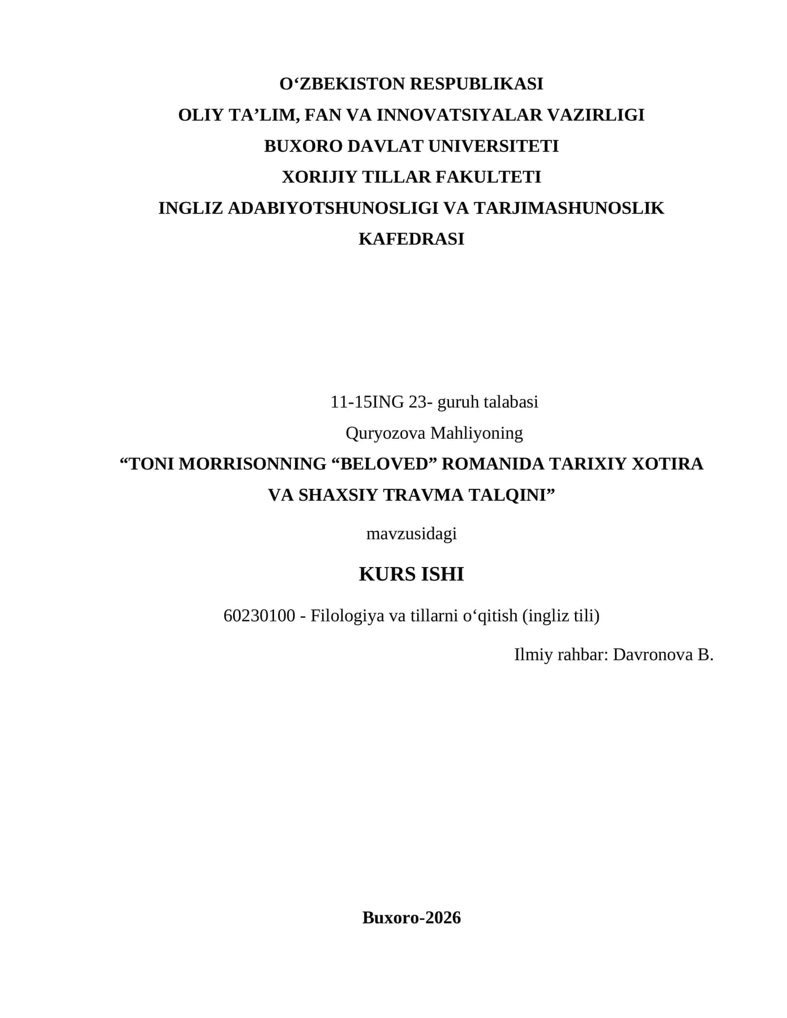 TONI MORRISONNING “BELOVED” ROMANIDA TARIXIY XOTIRA VA SHAXSIY TRAVMA TALQINI 1