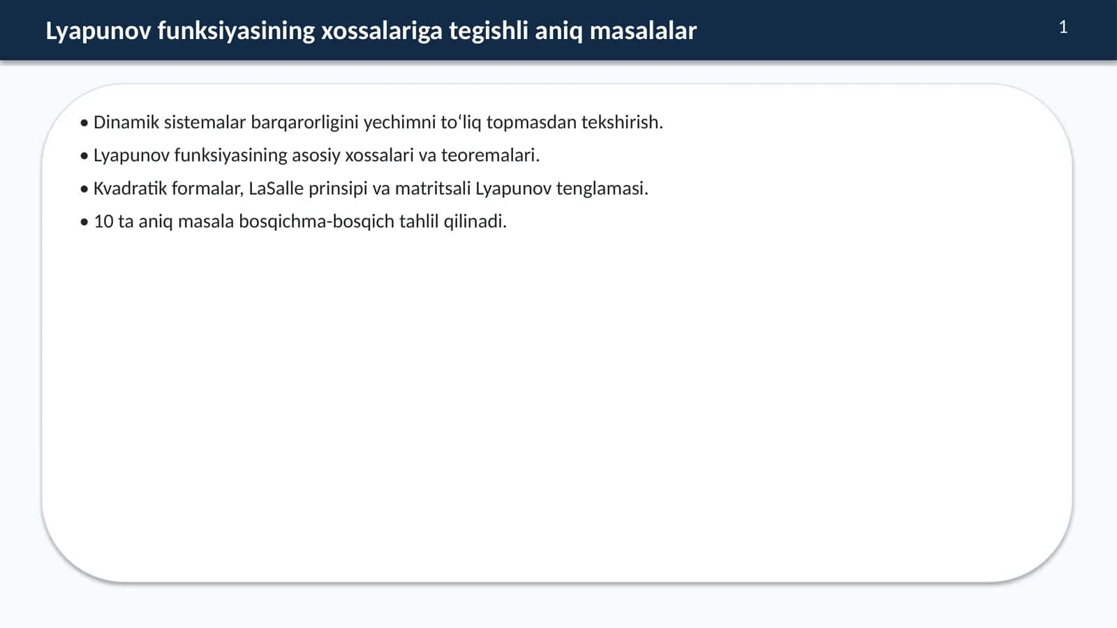 Lyapunov funksiyasining xossalariga tegishli aniq masalalar 1