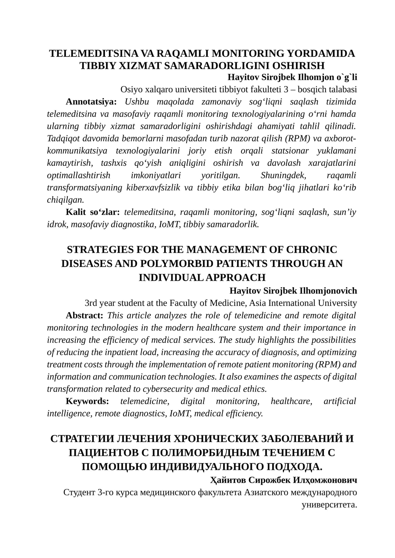 TELEMEDITSINA VA RAQAMLI MONITORING YORDAMIDA TIBBIY XIZMAT SAMARADORLIGINI OSHIRISH 1