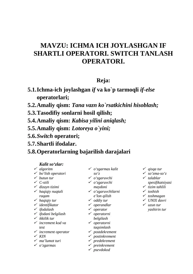 ICHMA ICH JOYLASHGAN IF SHARTLI OPERATORI. SWITCH TANLASH OPERATORI. 1