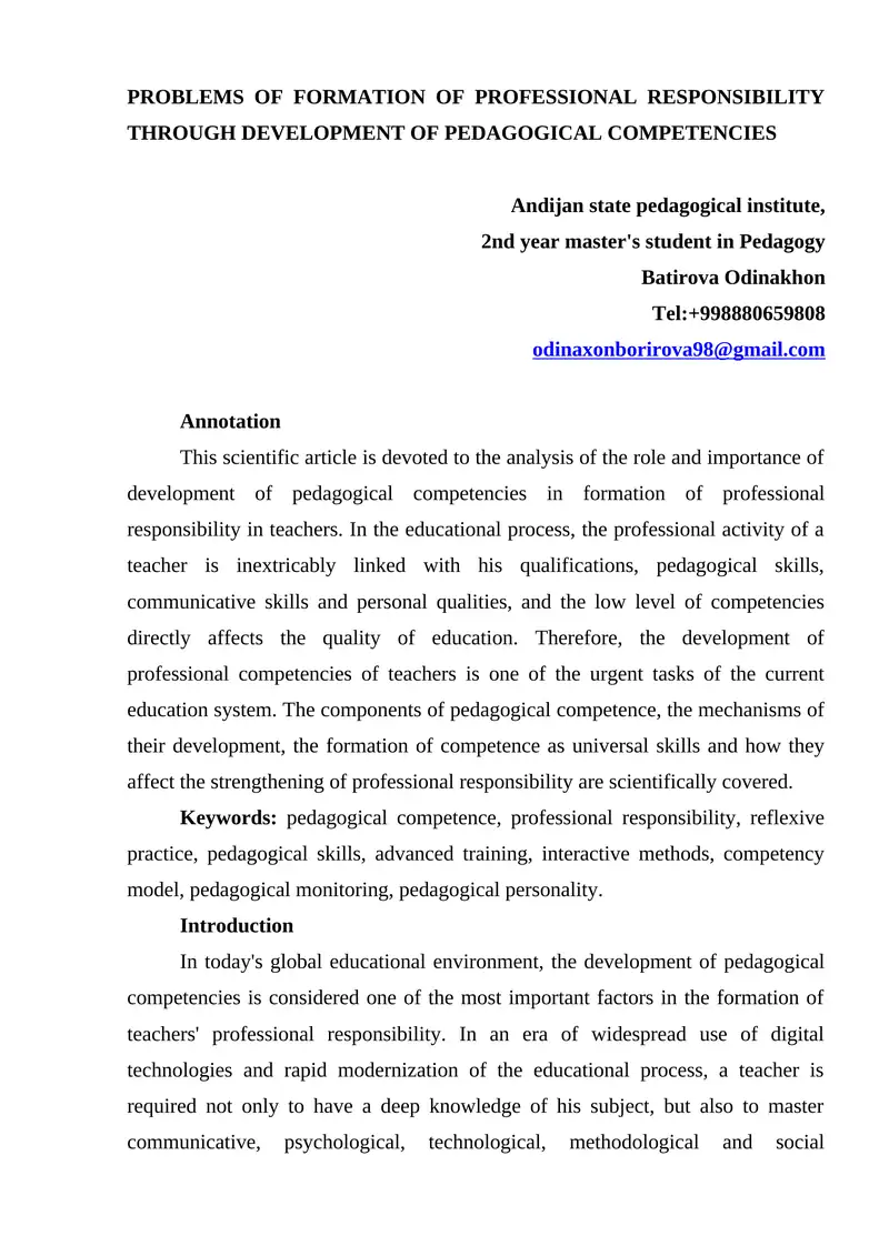 Development of Pedagogical Competencies 1