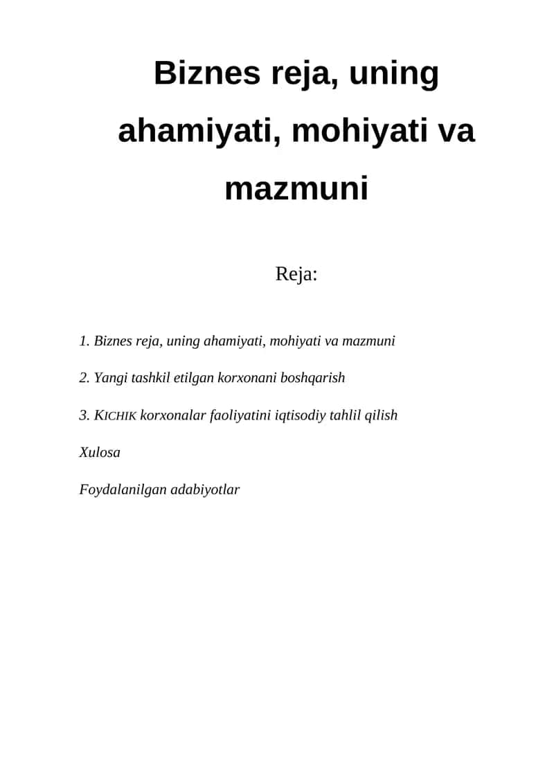 Biznes reja, uning ahamiyati, mohiyati va mazmuni 1
