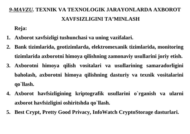 TЕXNIK VA TEXNOLOGIK JARAYONLARDA AXBOROT XAVFSIZLIGINI TA’MINLASH 1