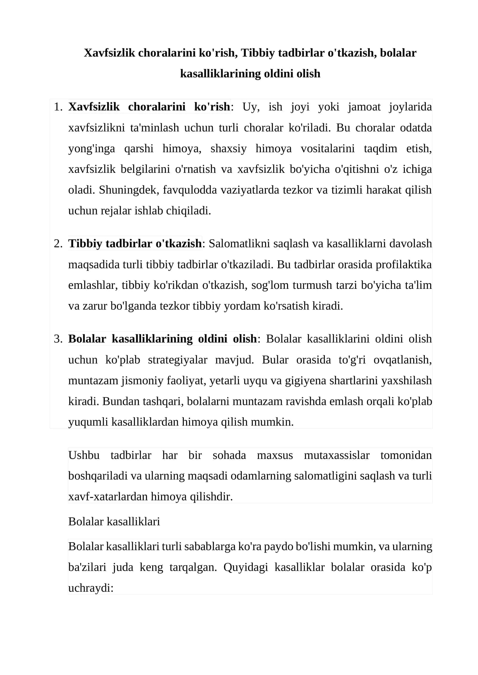 Xavfsizlik choralarini ko'rish, Tibbiy tadbirlar o'tkazish, bolalar kasalliklarining oldini olish 1