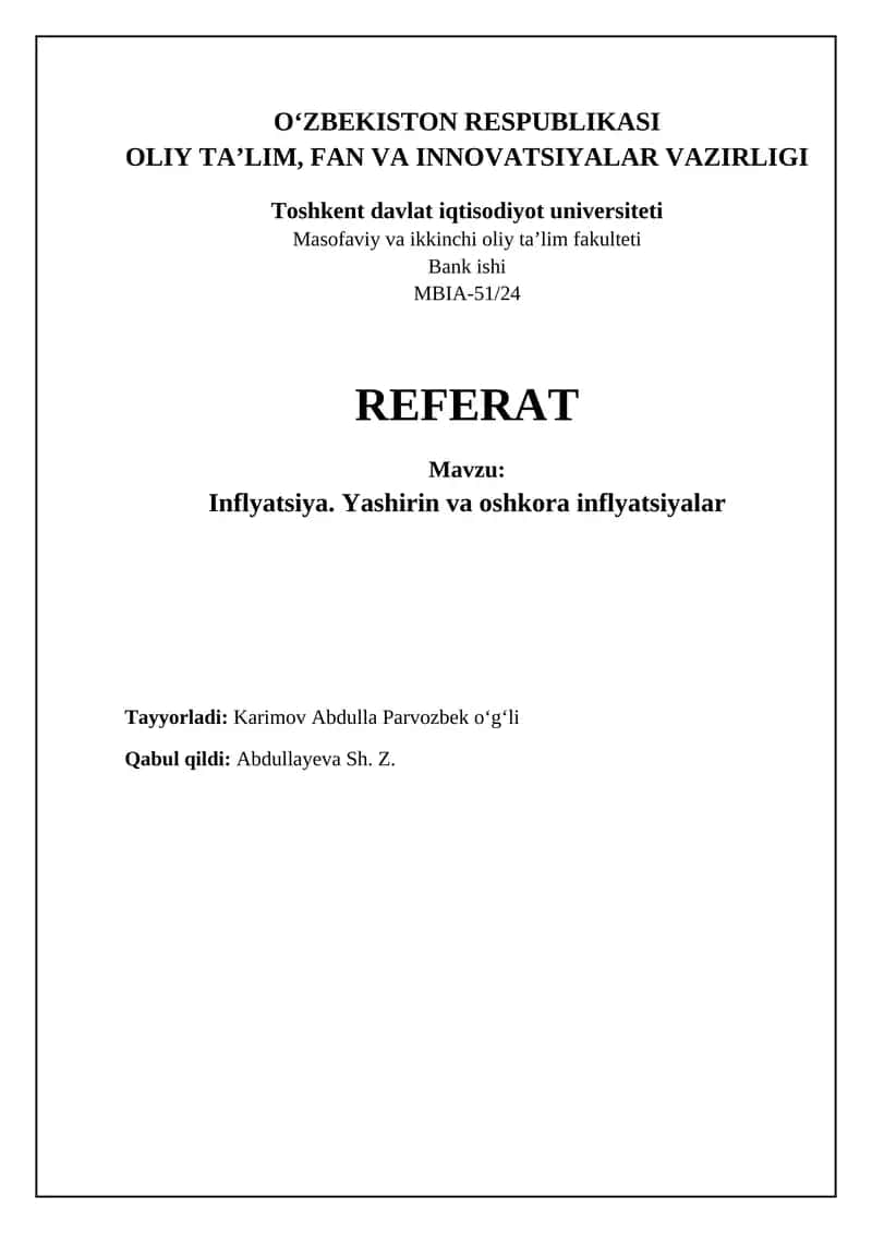 Inflyatsiya. Yashirin va oshkora inflyatsiyalar 1