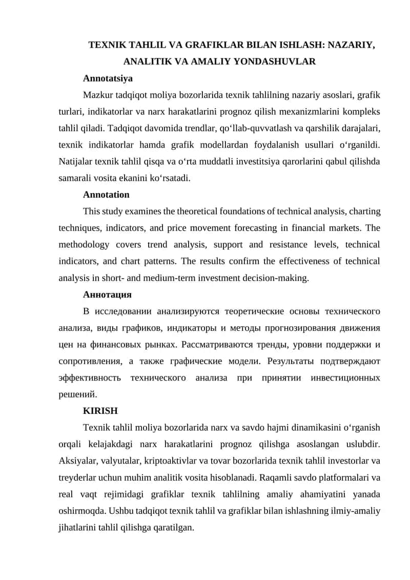 Texnik tahlil va grafiklar bilan ishlash: Nazariy, analitik va amaliy yondashuvlar 1