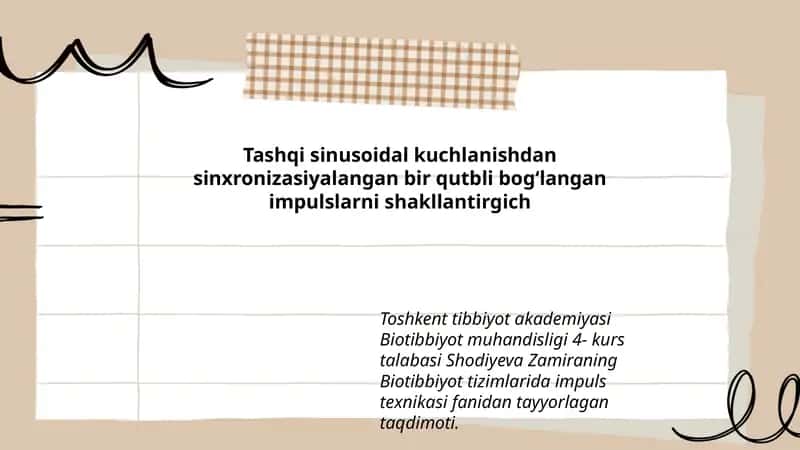 Tashqi sinusoidal kuchlanishdan sinxronizasiyalangan bir qutbli bog‘langan impulslarni shakllantirgich 1