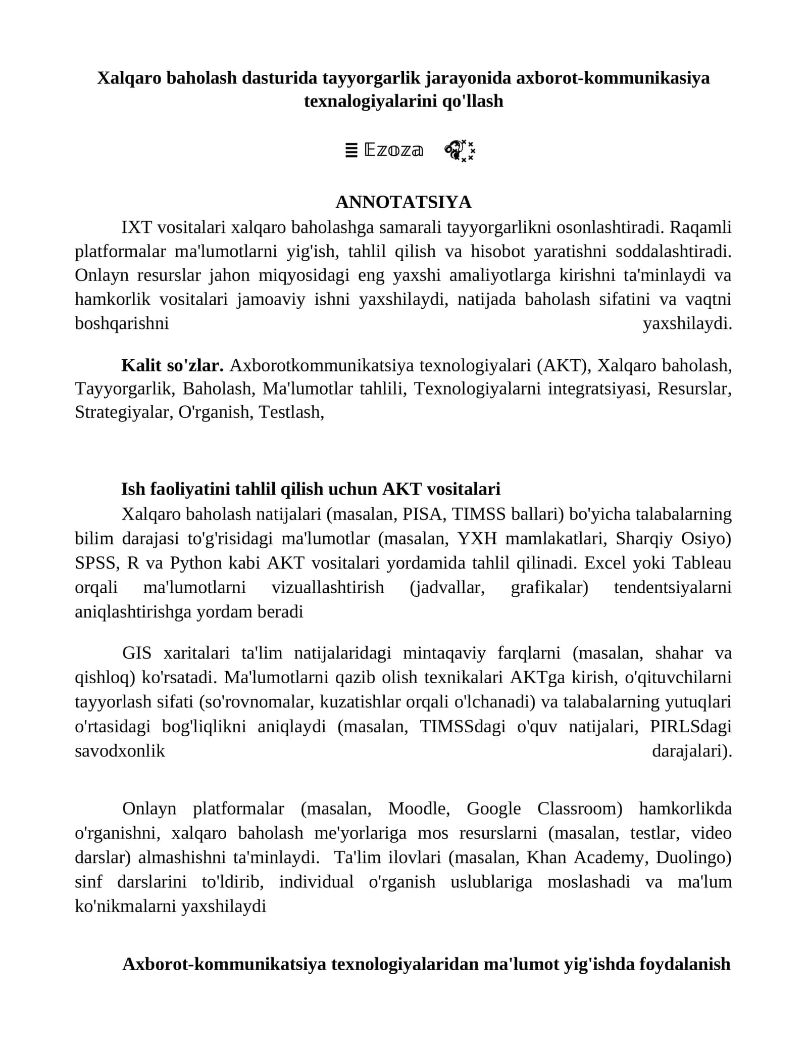 Xalqaro baholash dasturida tayyorgarlik jarayonida axborot-kommunikasiya texnalogiyalarini qo'llash 1