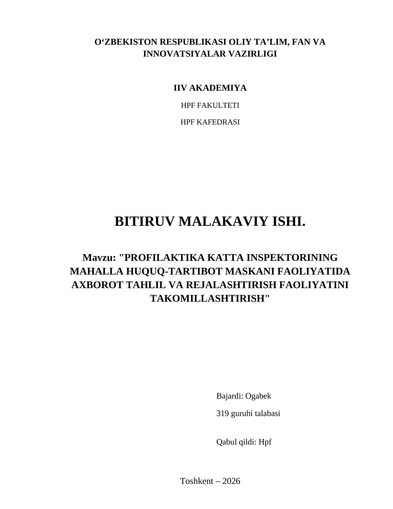 Profilaktika katta inspektorining mahalla huquq-tartibot maskani faoliyatida axborot tahlil va rejalashtirish faoliyatini takomillashtirish 1