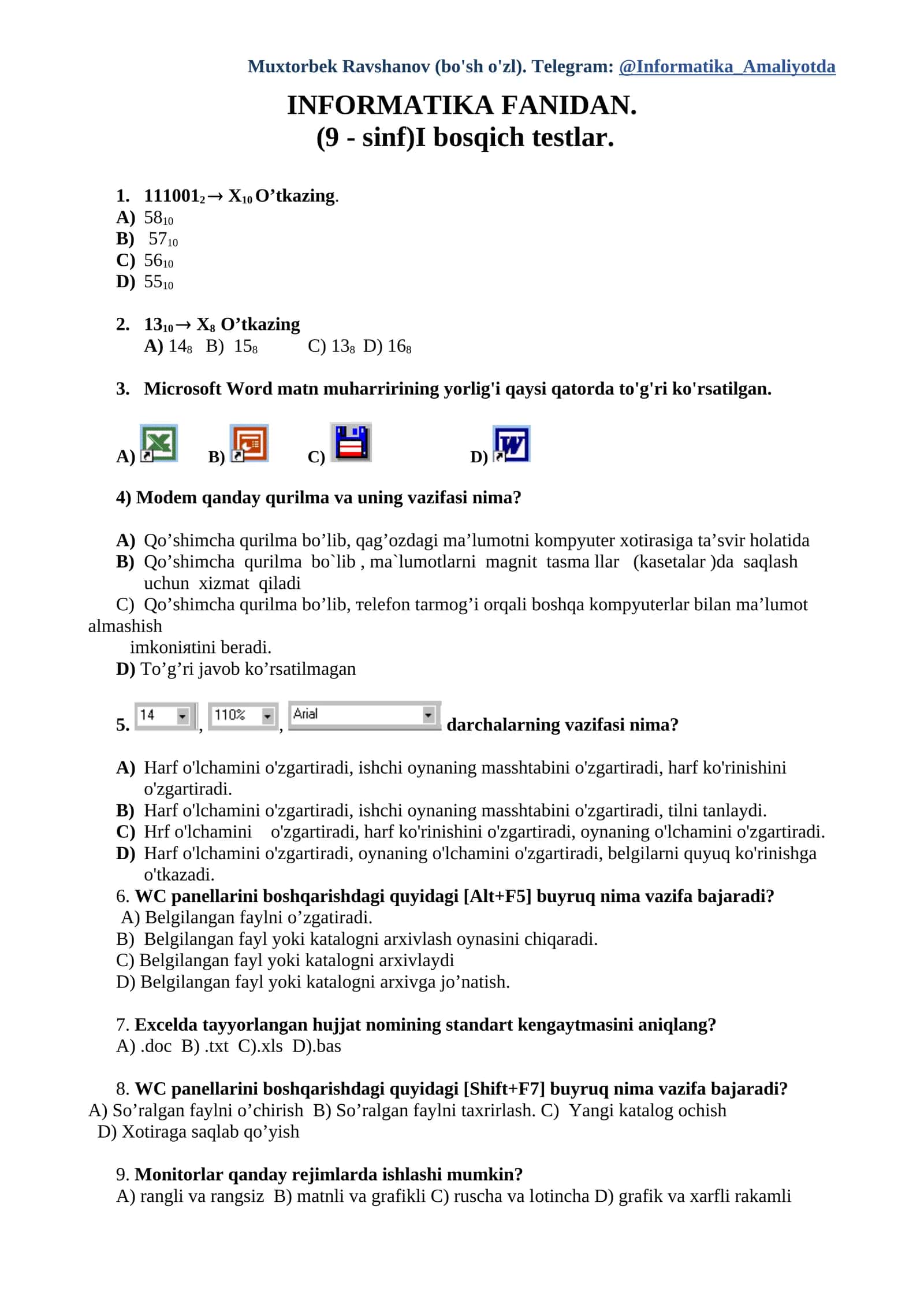 Muxtorbek Ravshanov (bo'sh o'zl). Telegram: @Informatika_Amaliyotda 1