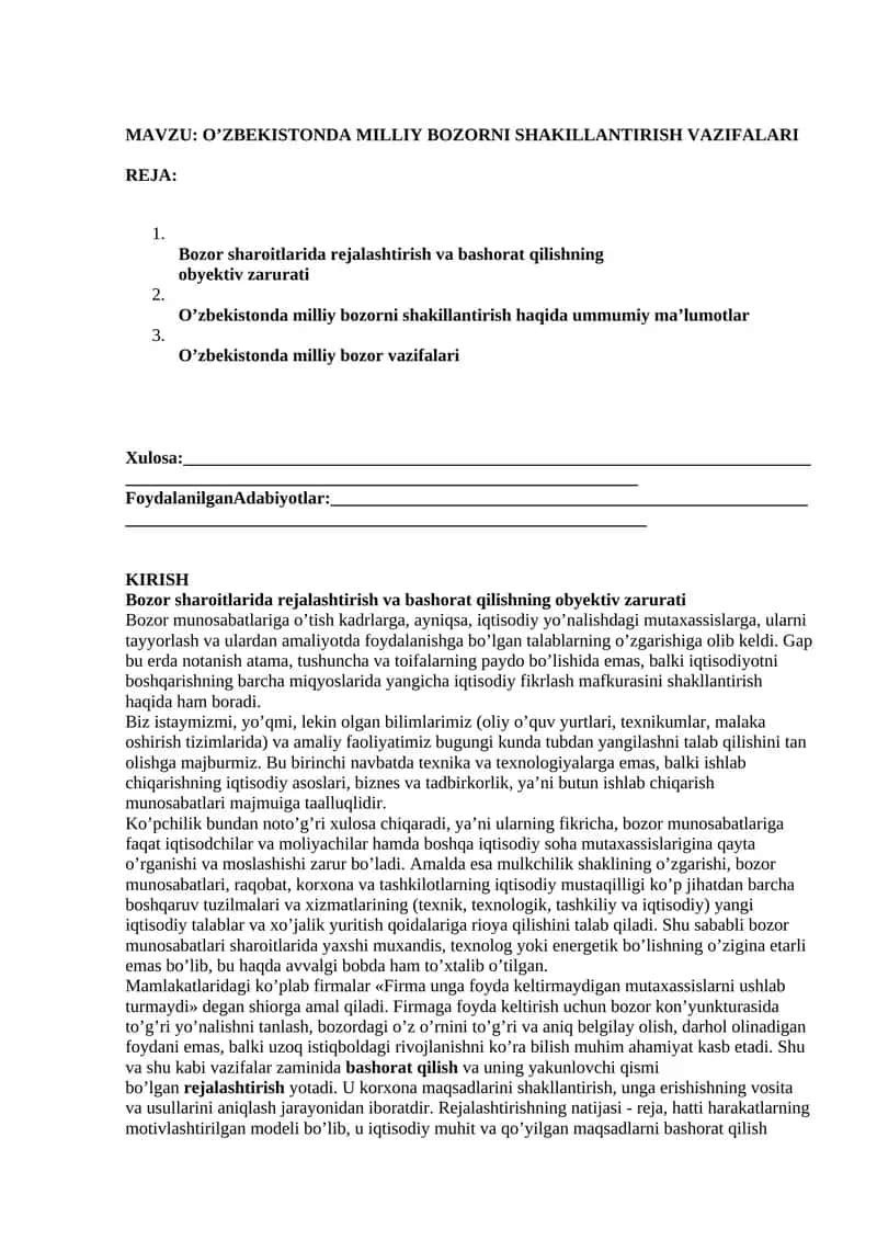 O'zbekistonda Milliy Bozorni Shakillantirish Vazifalari 1