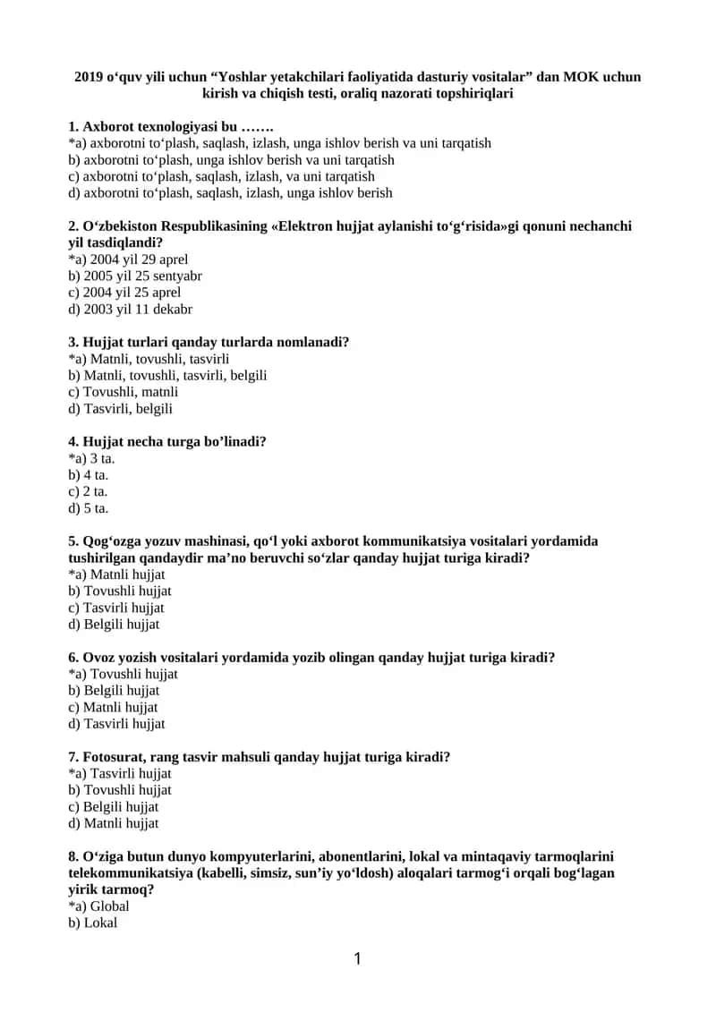 2019 o‘quv yili uchun “Yoshlar yetakchilari faoliyatida dasturiy vositalar” dan MOK uchun kirish va chiqish testi, oraliq nazorati topshiriqlari 1