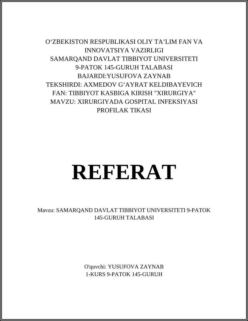 SAMARQAND DAVLAT TIBBIYOT UNIVERSITETI 9-PATOK 145-GURUH TALABASI 1