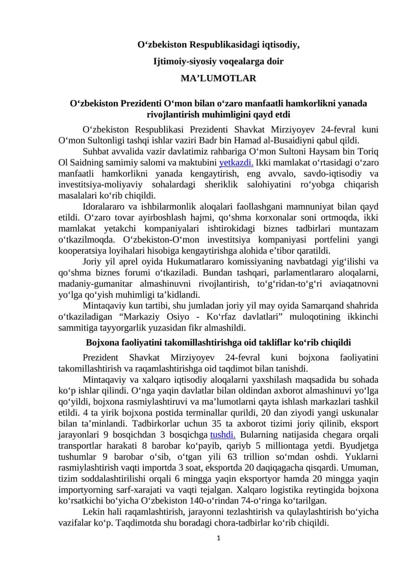 Oʻzbekiston Respublikasidagi iqtisodiy, Ijtimoiy-siyosiy voqealarga doir MAʼLUMOTLAR 1