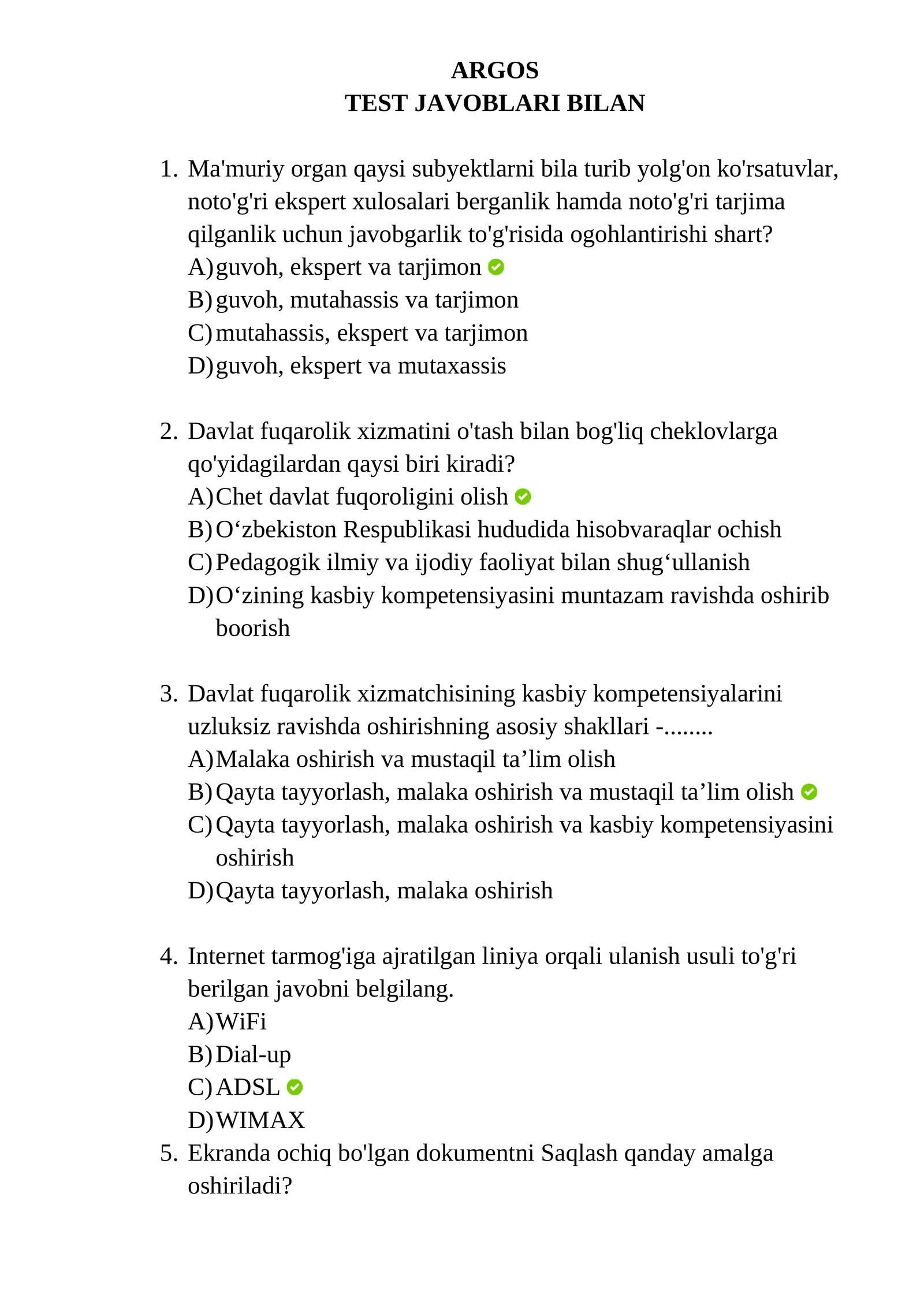 ARGOS TEST JAVOBLARI BILAN 1