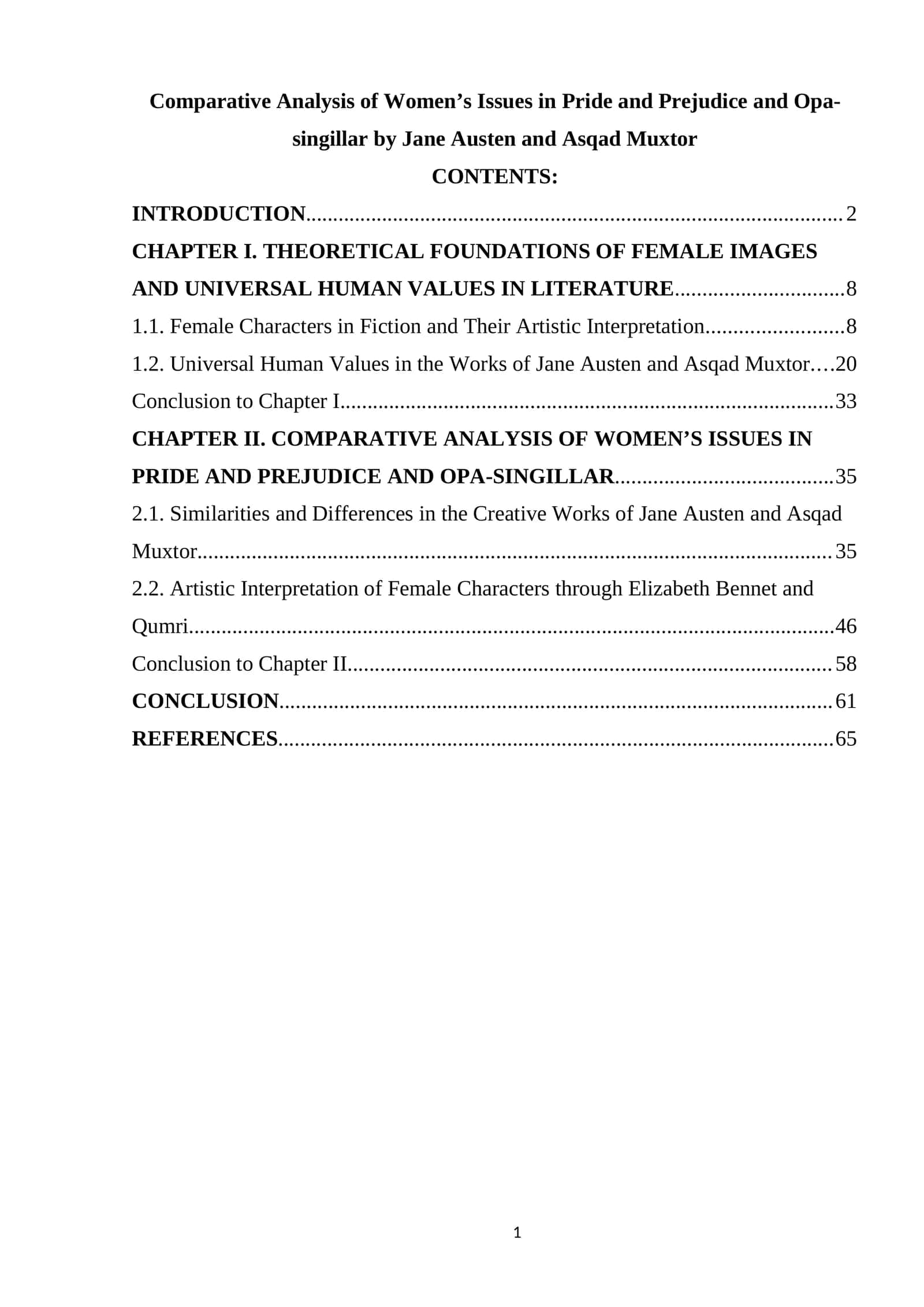 Comparative Analysis of Women’s Issues in Pride and Prejudice and Opa-singillar by Jane Austen and Asqad Muxtor 1