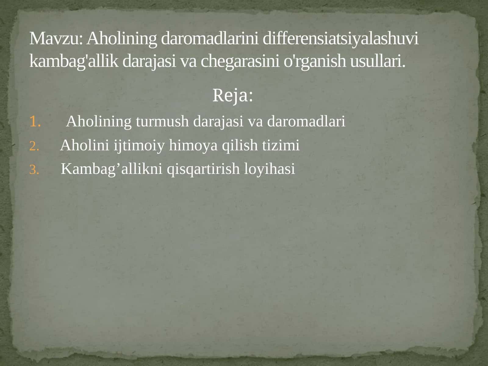 Aholining daromadlarini differensiatsiyalashuvi kambag'allik darajasi va chegarasini o'rganish usullari. 1