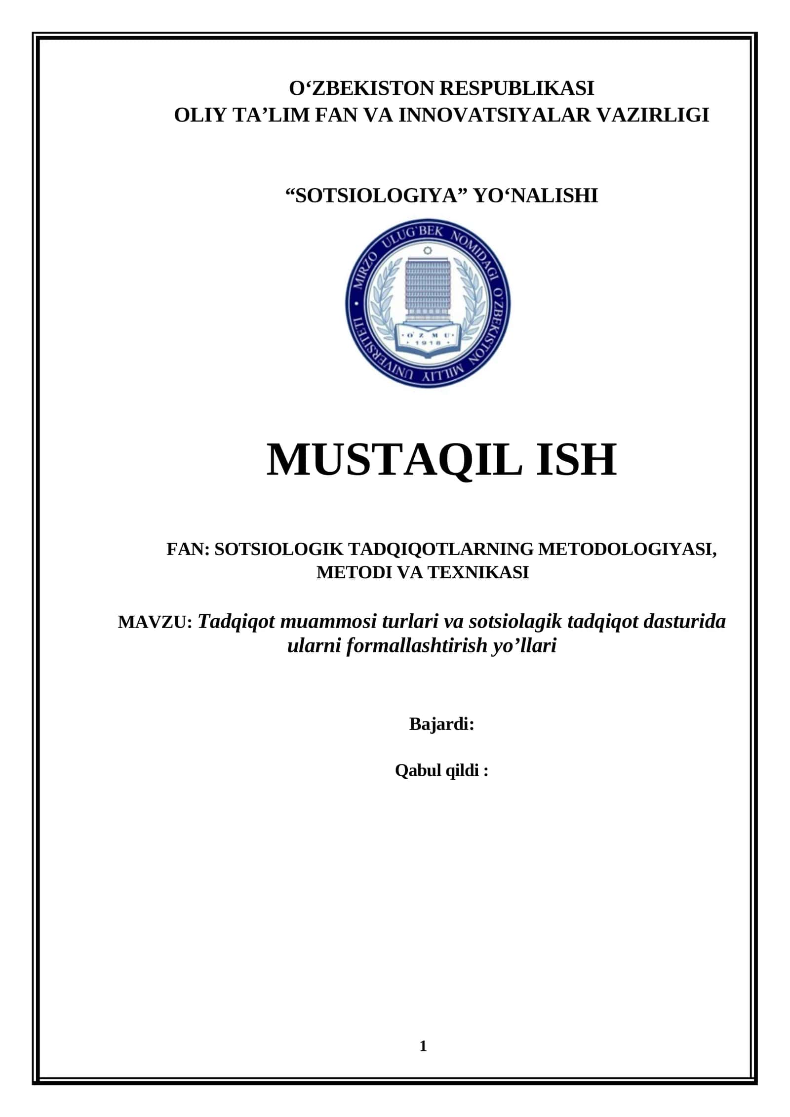 SOTSILOGIYA YO‘NALISHI MUSTAQIL ISH 1