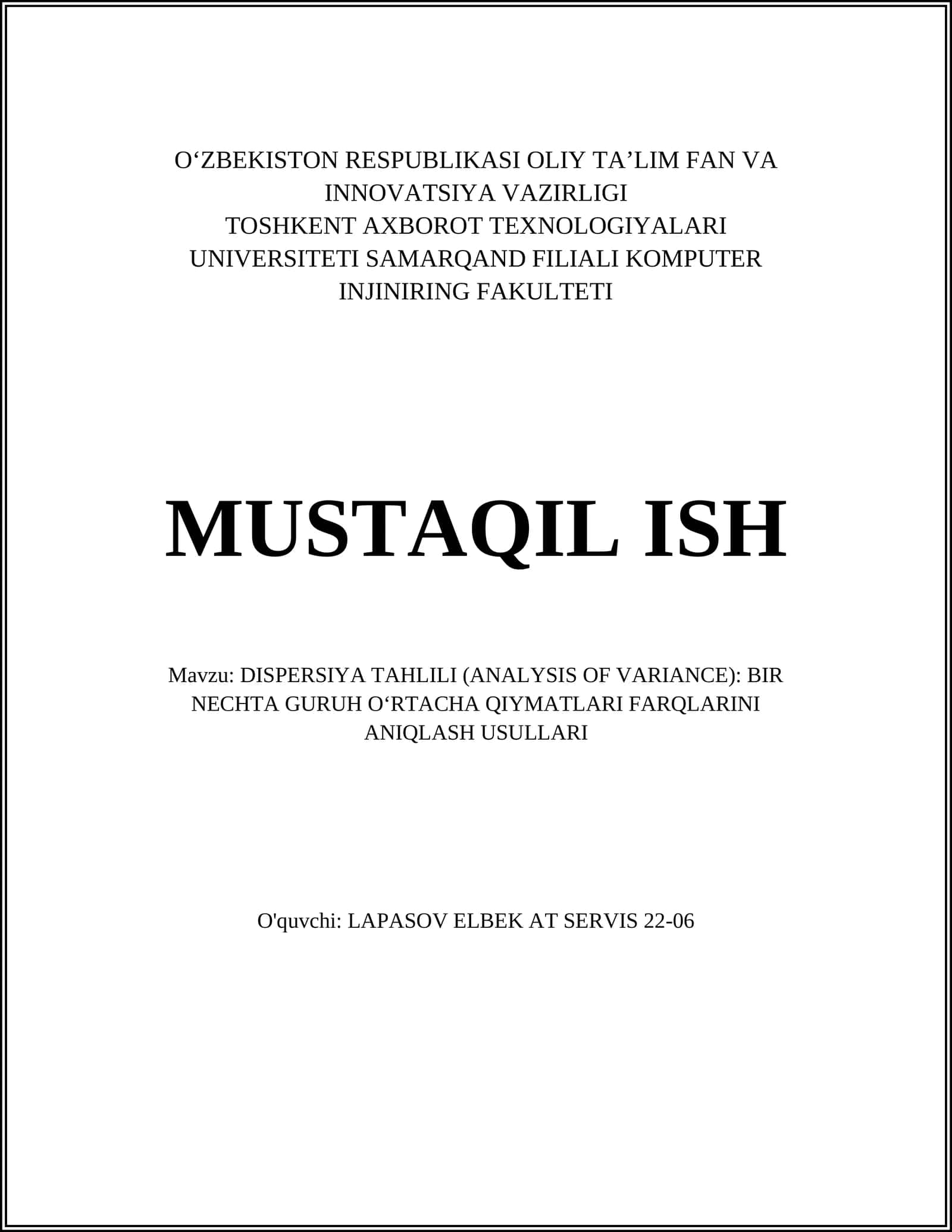 DISPERSIYA TAHLILI (ANALYSIS OF VARIANCE) 1