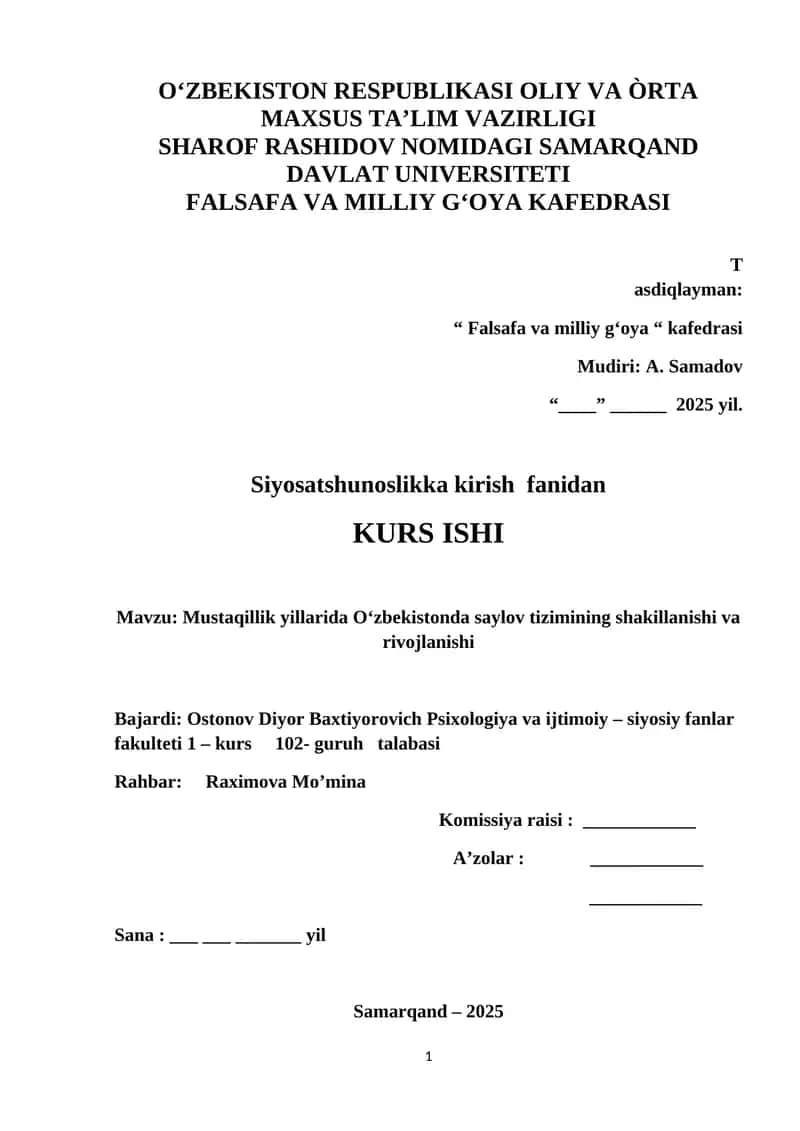 Mustaqillik yillarida O‘zbekistonda saylov tizimining shakillanishi va rivojlanishi 1