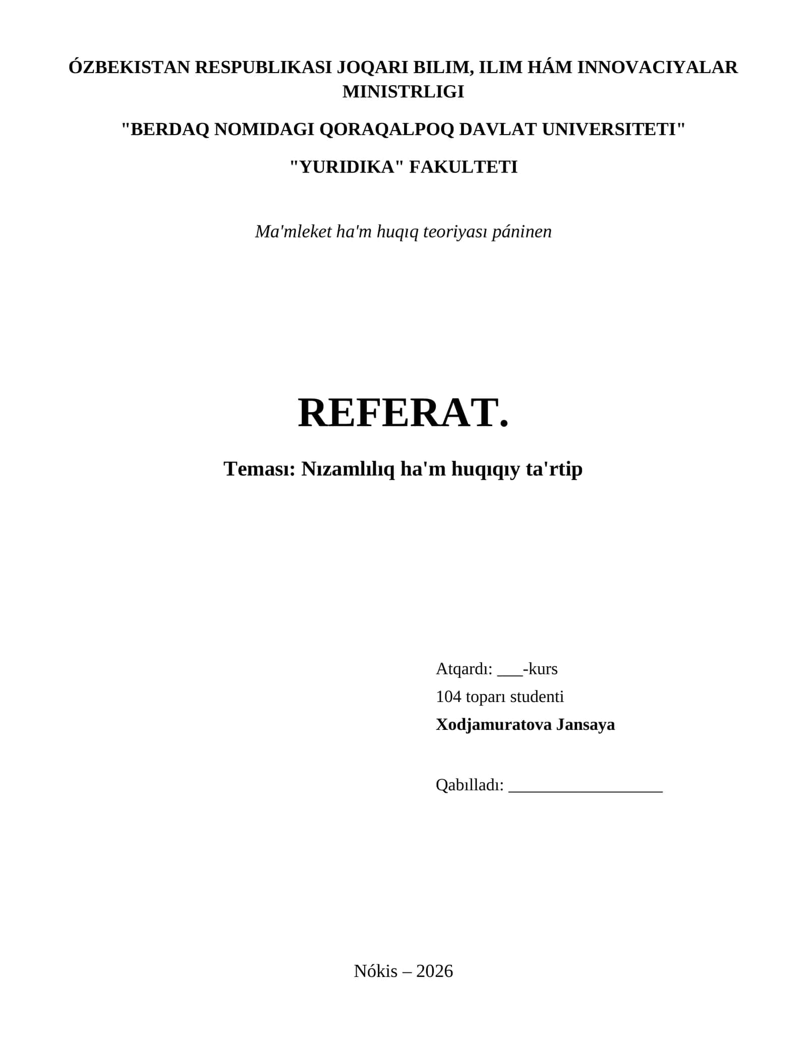 Nızamlılıq ha'm huqıqıy ta'rtip 1