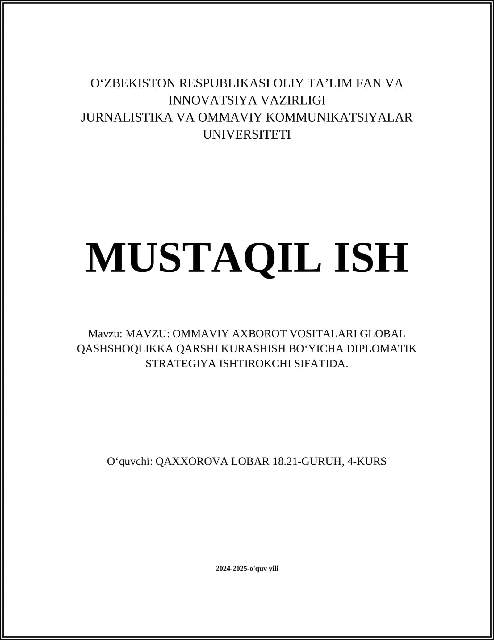 Ommaviy axborot vositalari global qashshoqlikka qarshi kurashish boʻyicha diplomatik strategiya 1