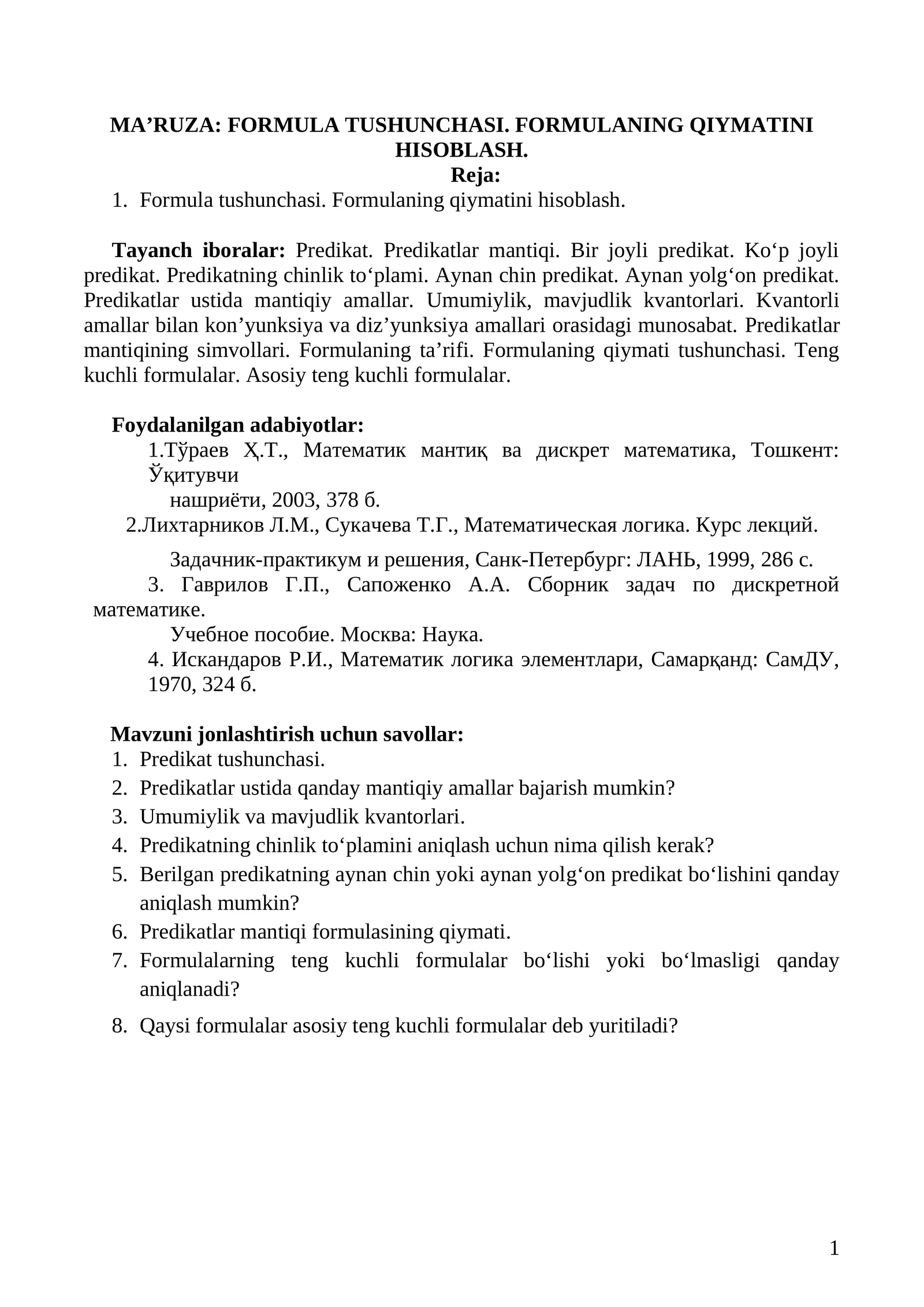 MA’RUZA: FORMULA TUSHUNCHASI. FORMULANING QIYMATINI HISOBLASH 1