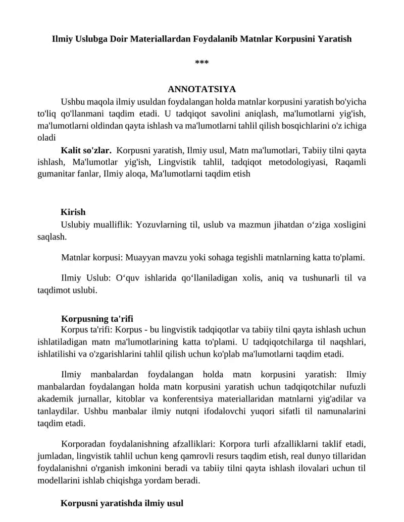 Ilmiy Uslubga Doir Materiallardan Foydalanib Matnlar Korpusini Yaratish 1