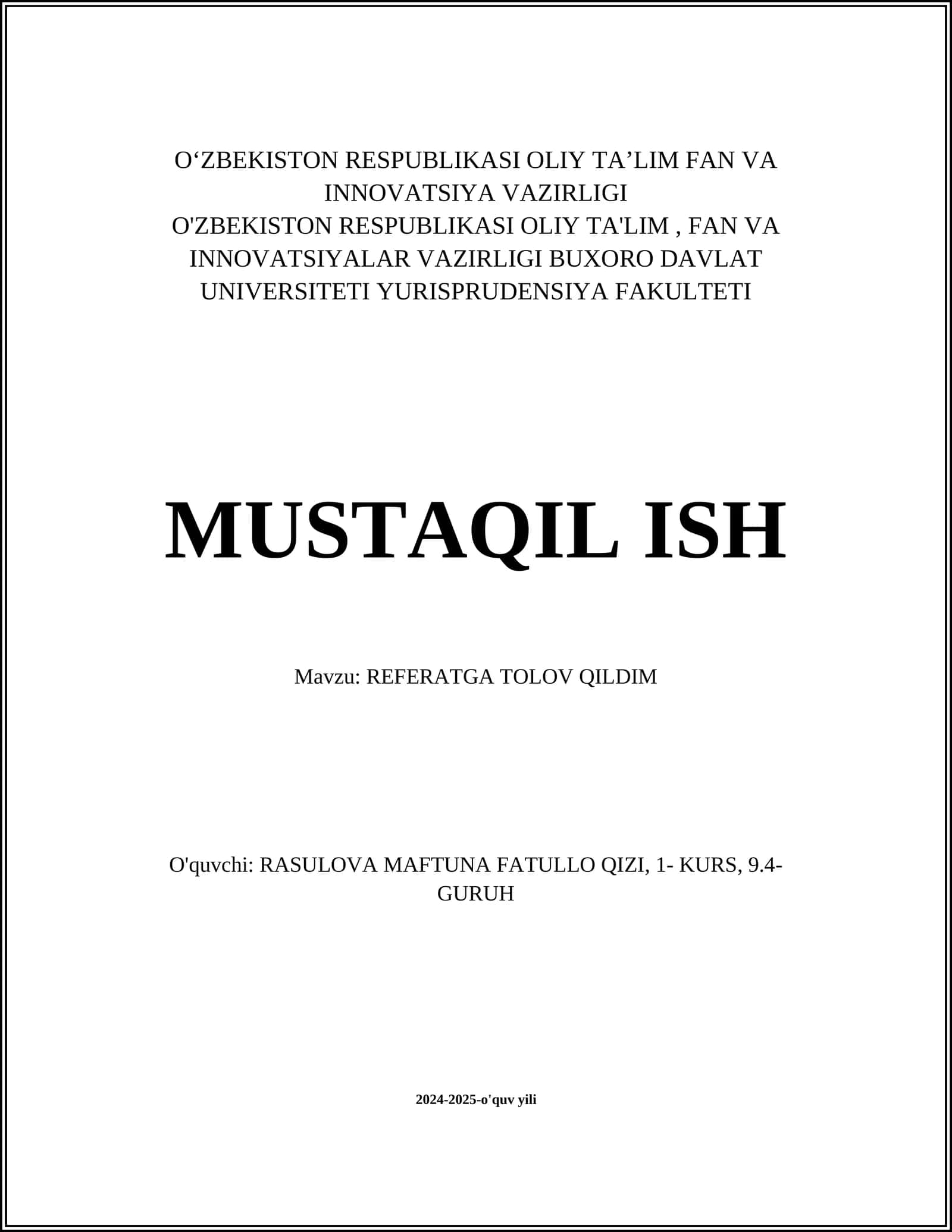 REFERATGA TOLOV QILDIM 1