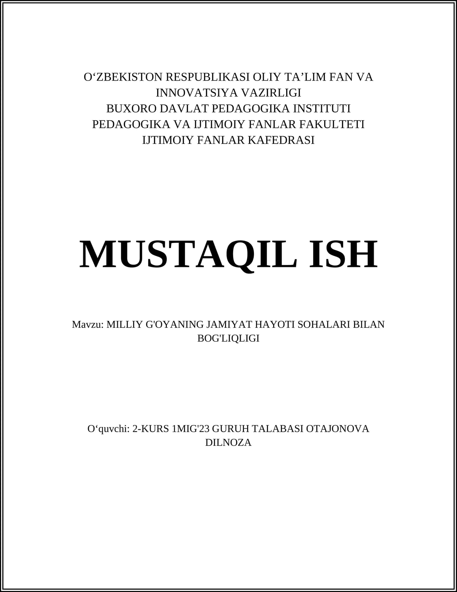 MILLIY G'OYANING JAMIYAT HAYOTI SOHALARI BILAN BOG'LIQLIGI 1