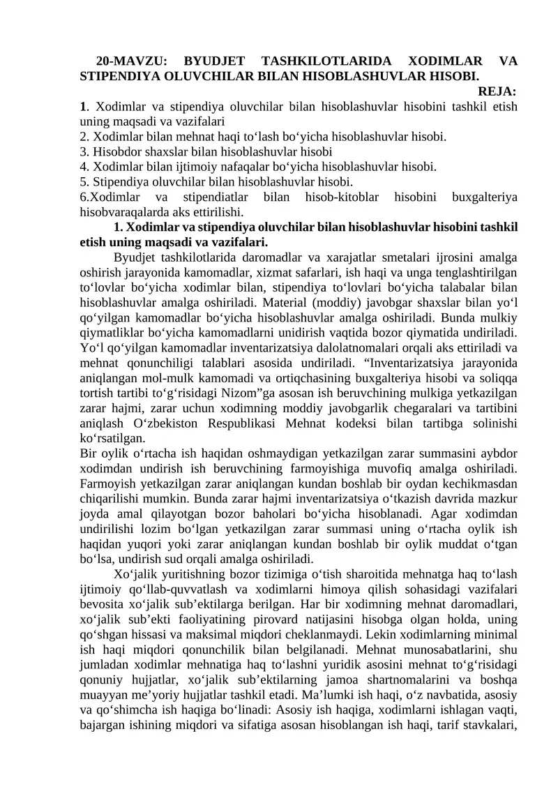 BYUDJET TASHKILOTLARIDA XODIMLAR VA STIPENDIYA OLUVCHILAR BILAN HISOBLASHUVLAR HISOBI 1