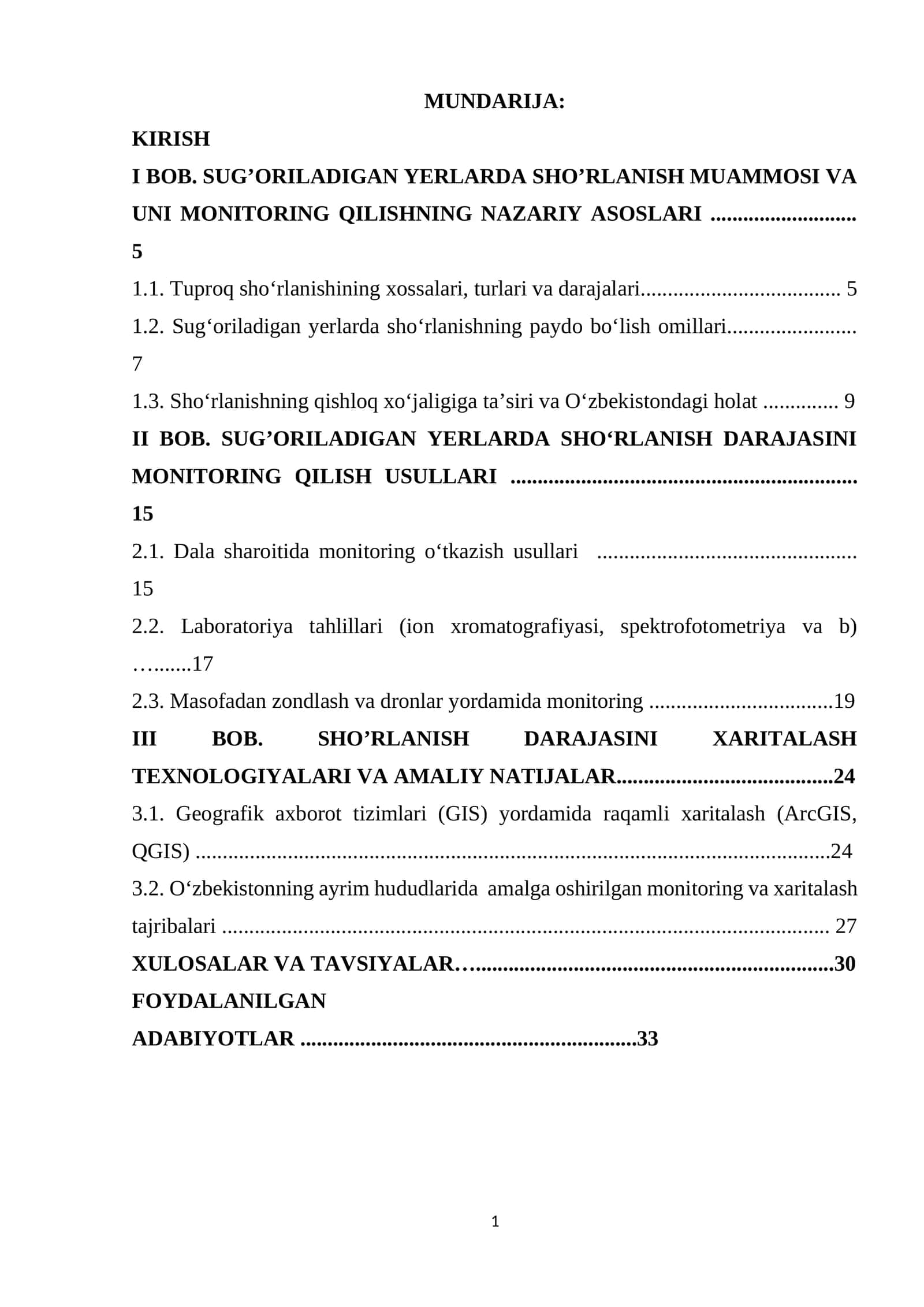 KIRISH I BOB. SUG’ORILADIGAN YERLARDA SHO’RLANISH MUAMMOSI VA UNI MONITORING QILISHNING NAZARIY ASOSLARI 1