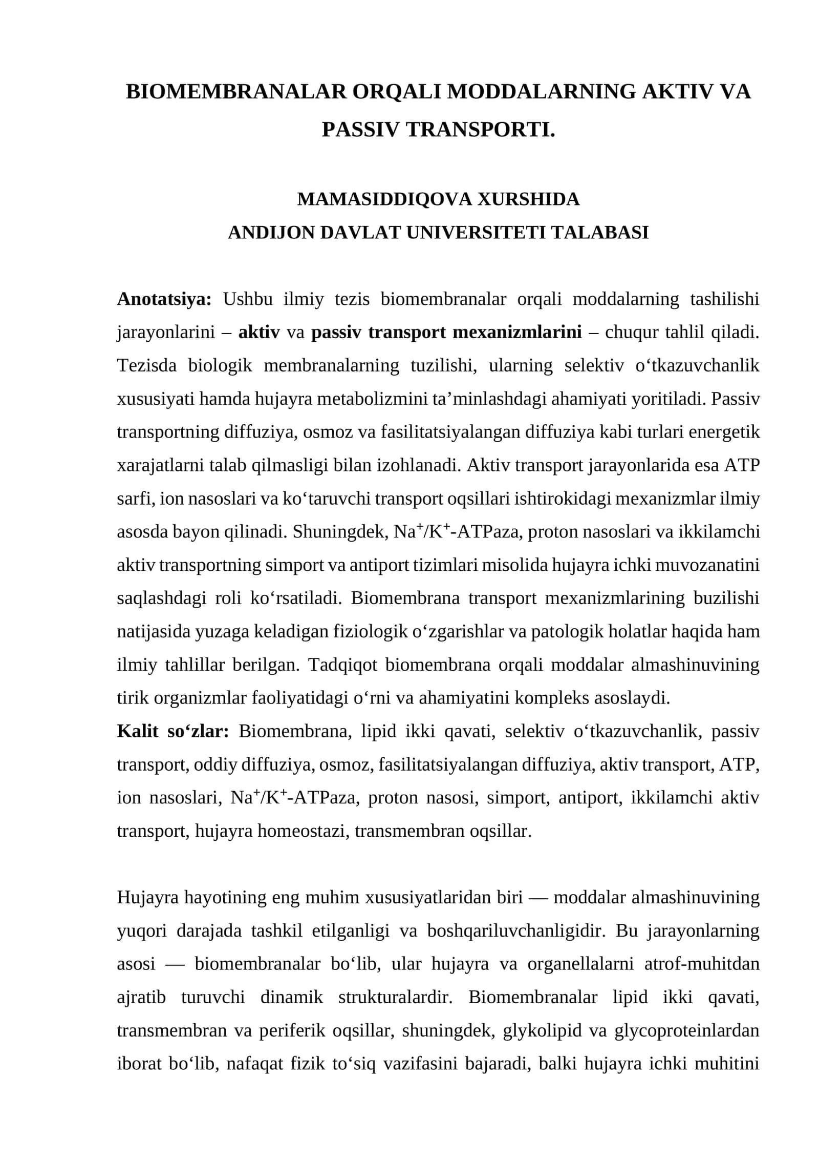 BIOMEMBRANALAR ORQALI MODDALARNING AKTIV VA PASSIV TRANSPORTI 1