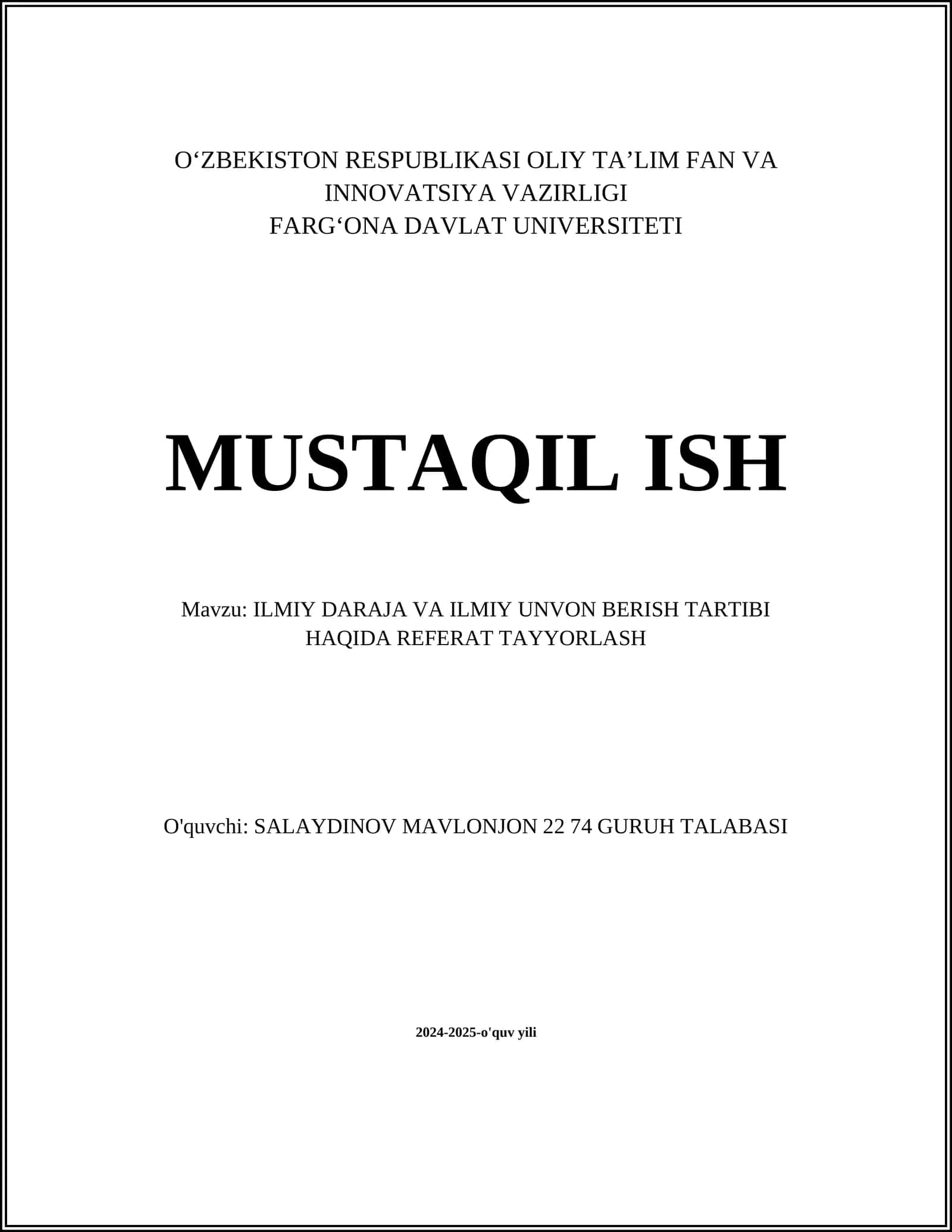 ILMIY DARAJA VA ILMIY UNVON BERISH TARTIBI HAQIDA REFERAT TAYYORLASH 1
