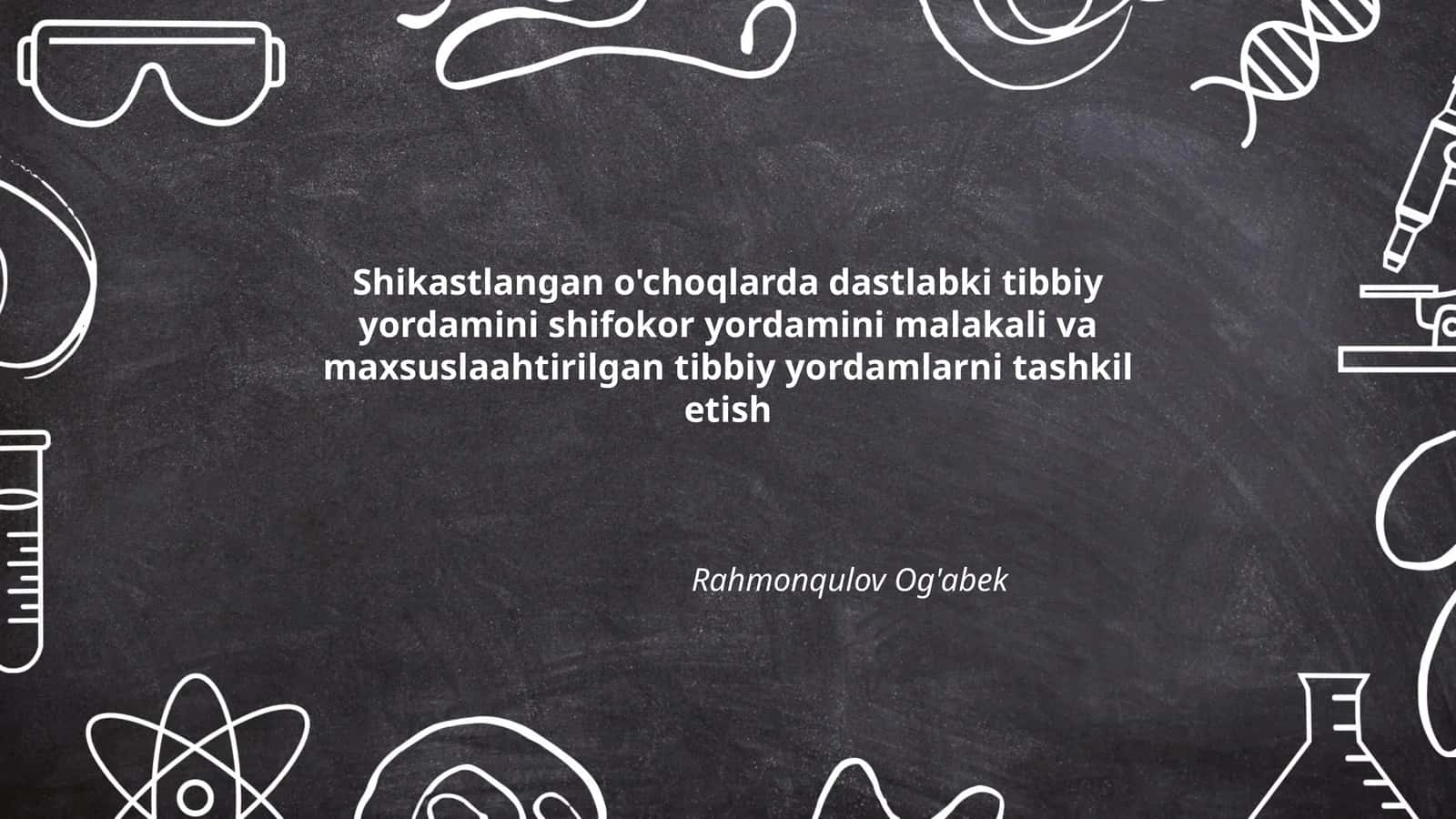 Shikastlangan o'choqlarda dastlabki tibbiy yordamini shifokor yordamini malakali va maxsuslaahtirilgan tibbiy yordamlarni tashkil etish 1